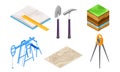 Geology Measurement Instruments with Soil Cross Section and Prospecting Hammer Vector Set