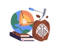 Geology science education concept. Earth planet section with core, fossils and geological books for study at school Royalty Free Stock Photo