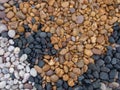 Geology. Sea pebbles on beach, various colors and types of stone. Multicoloured stones - black, white, yellow. Royalty Free Stock Photo