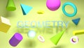 Geomerty set of 3d levitation shapes. Colorful render. Different elements. Sphere, cube, cone, box, torus, cilynder