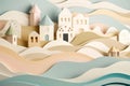 Geometric abstract city on sea coast. Paper cut beach houses on sea shore. Summer vacation concept background. Created with
