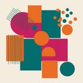 Geometric abstract composition features overlapping shapes: rectangles, circles
