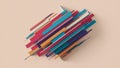 Geometric abstract composition featuring an array of elongated rectangular shapes in various colors