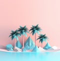 Geometric abstract palm trees on sea coast against mountain. Summer vacation concept background with copy space. Created with