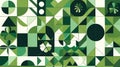 Geometric abstract pattern featuring diverse green and white mosaic shapes, circles, triangles, and clovers Royalty Free Stock Photo