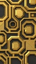 Geometric abstract pattern of interlocking golden octagons and squares with textured surfaces against a dark charcoal background Royalty Free Stock Photo