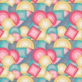 Geometric abstract pattern of pink,brink pink, shadow blue, cadet gray, orange yellow, wheat, green, blue color square, triangle.