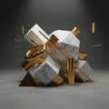 A geometric abstract sculpture featuring interlocking marble-textured and golden elements Royalty Free Stock Photo
