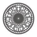 Geometric ancient round ornament. Vector isolated black meanders