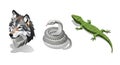 Geometric Animals Illustration: Wolf, Snake, and Lizard on White Royalty Free Stock Photo