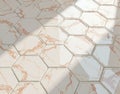 Geometric Arabescato marble tiles in a hexagonal grid layout, featuring mirrored veining for a sophisticated modular design