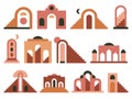 Geometric architecture elements. Contemporary abstract architectural arch, stairs and towers, minimal terracotta geometric
