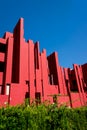Geometric architecture of the postmodern apartment building `La Muralla Roja`, the red wall, by architect Ricardo Bofill in Calp