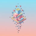 Geometric arrangement of interconnected cubes in pink, blue, and yellow hues. The Royalty Free Stock Photo