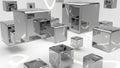 Geometric arrangement of polished chrome cubes of various sizes floating in a bright studio with subtle reflections Royalty Free Stock Photo