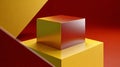 Geometric arrangement of a red cube on yellow platform, surrounded by angular shapes in contrasting colors. Platform podium mockup Royalty Free Stock Photo