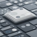 Geometric arrangement of stacked square and rectangular buttons, featuring circles