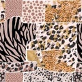 Geometric background with leopard spotted fur imitation, zebra stripes, creative wild cat rosettes in brazen golden foil pastel