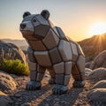 Geometric bear sculpture composed of interlocking gray polygonal blocks stands on Royalty Free Stock Photo