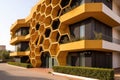 geometric beehive design on a modern building facade