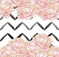 Seamless Pattern - geometric black stripes with pink peonies on white background