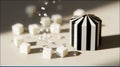 Geometric black and white striped object with scattered white cubes and falling sugar Royalty Free Stock Photo