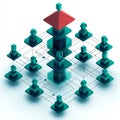Geometric blockchain network with red central pyramid and connected nodes