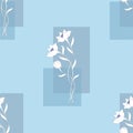 Geometric blue seamless pattern with three white flowers Royalty Free Stock Photo