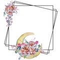 Geometric botanical design frame. Wild art moons, flowers, leaves and herbs.