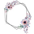 Geometric botanical design frame. Wild flowers, peonies, anemone, leaves and herbs.