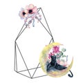 Geometric botanical design frame. Wild panther, moons, flowers, leaves and herbs.