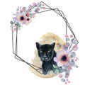 Geometric botanical design frame. Wild panther, moons, flowers, leaves and herbs.