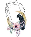 Geometric botanical design frame. Wild panther, moons, flowers, leaves and herbs. Royalty Free Stock Photo