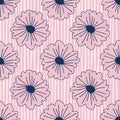 Geometric botanical seamless pattern with outline daisy flowers on stripe background. Pastel colors