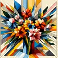 A geometric bouquet in cubist style, with flowers fractured in bold, angular shapes, modern design, abstract painting art