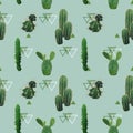 Geometric Cactus Plant Seamless Pattern. Exotic Tropical Summer Botanical Background