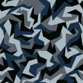 Geometric camouflage. Urban clothing style, abstract camo pattern background. Blue, navy and gray colors, seamless texture.