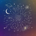 Features a crescent moon, planet with rings, and swirling galaxy patterns Royalty Free Stock Photo