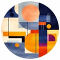 Geometric Circle Abstract Painting In Light Navy And Amber