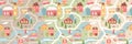 Geometric city houses seamless pattern, urban cute cityscape with simple funny buildings