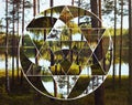 Geometric collage with the lake and nordic forest, sacred geometry Royalty Free Stock Photo