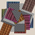 Geometric collage scarf design with colorful patterns