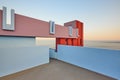 Geometric colored building design. The red wall, La manzanera. Calpe