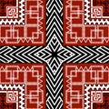 Geometric colorful greek vector seamless pattern. Tribal ethnic style abstract striped red background. Ornamental borders, frames Royalty Free Stock Photo