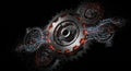 Geometric composition featuring large interconnected gears in metallic shades o