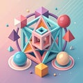 Geometric composition featuring spheres, cubes, and pyramids.
