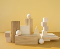 Geometric composition with many three-dimensional wooden figures. Balance and design concept.