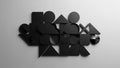 Geometric composition of matte black squares circles triangles and crosses arranged in a clustered pattern casting subtle shadows Royalty Free Stock Photo