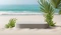 Geometric concrete podium on tropical beach with flowers Royalty Free Stock Photo
