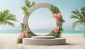 Geometric concrete podium on tropical beach with flowers Royalty Free Stock Photo